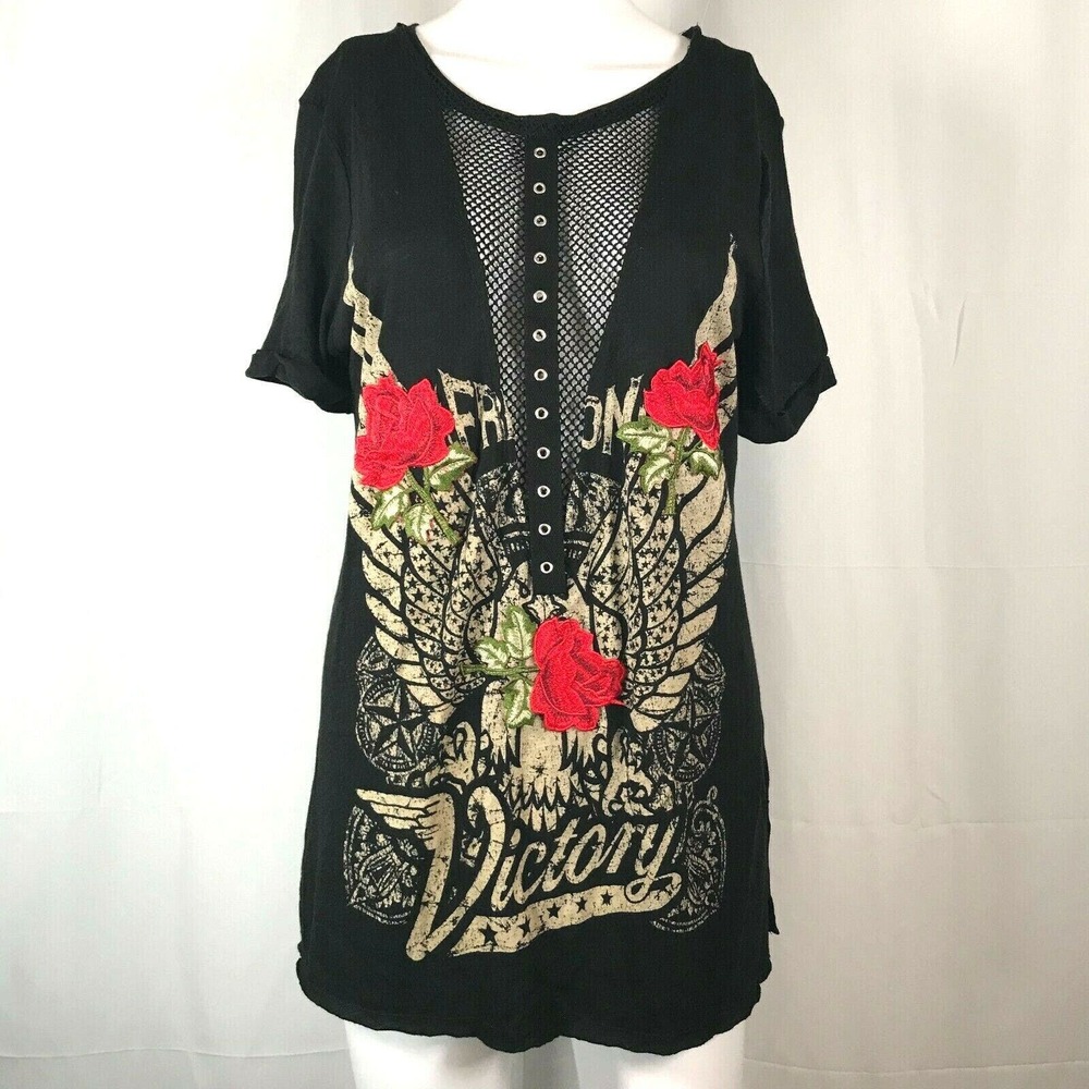 Emory Park Shirt Womens Sz S Black Distressed Angel Wings Victory Cotton Tee